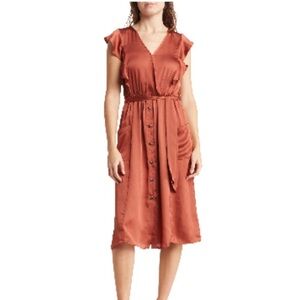 NWT DR2 by Danielle Rainn Flutter Sleeve Satin Midi Dress in Cinnamon Size XS